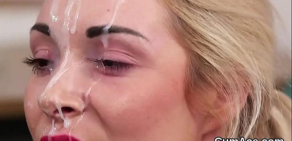  Frisky doll gets jizz shot on her face swallowing all the sperm